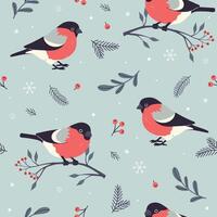 Seamless pattern with bullfinches, twigs and berries. graphics. vector