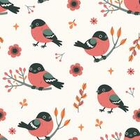Seamless pattern with cute kawaii bullfinches. graphics. vector