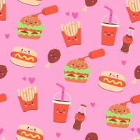 Seamless pattern of cute kawaii fast food on pink background. graphics. vector
