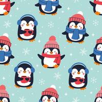 Seamless pattern with penguins wearing hats and scarves. graphics. vector