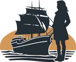 A logo with a silhouette of a merchant ship vector