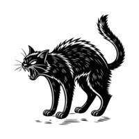 A black and white drawing of a cat with its mouth open vector