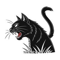A black cat with its mouth open and its tail in the grass vector