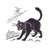 A black cat and witch are flying over a pumpkin vector