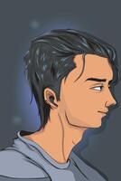 anime cartoon, portrait young man wearing Bluetooth handsfree in gradient background vector