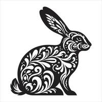 A Black And White Silhouette Of a Rabbit. Year of Rabbit Paper ArtCut Chinese Zodiac. Beautiful Easter Bunny with Floral fancy hare with laser cut pattern for die cutting or template vector