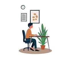 man working at desk with laptop and vector