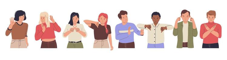 set of people with negative emotions and gestures of stop, rejection, denial vector