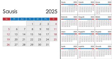 Calendar 2025 on Lithuanian language, week start on Sunday vector