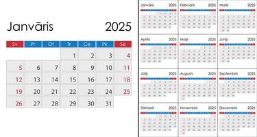 Calendar 2025 on Latvian language, week start on Sunday vector