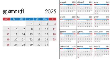 Calendar 2025 on Tamil language, week start on Sunday vector