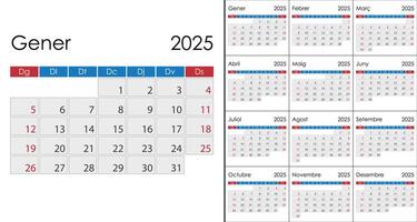 Calendar 2025 on Catalan language, week start on Sunday vector