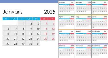 Calendar 2025 on Latvian language, week start on Monday vector