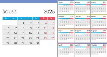 Calendar 2025 on Lithuanian language, week start on Monday vector