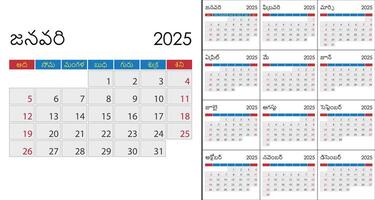 Calendar 2025 on Telugu language, week start on Sunday vector