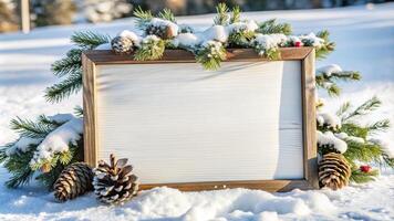 Wooden sign frame with pine cones and snow in the winter park photo