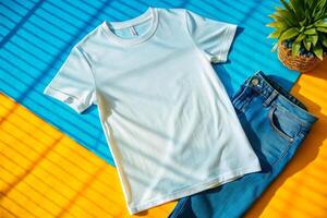 White t - shirt and jeans on a colorful background photo