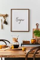 Creative and modern dining room interior design with mock up poster frame, family dining table and retro inspired personal accessories. Template. Autumn vibes. photo