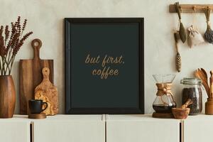 Stylish composition of modern kitchen interior design with mock up poster frame, beige sideboard and retro accessories. . Autumn vibes. photo
