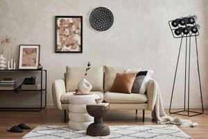 Modern minimalistic living room interior design with sofa, console, mock up poster frame, lamp and stylish personal accessories. Copy space. Template. photo