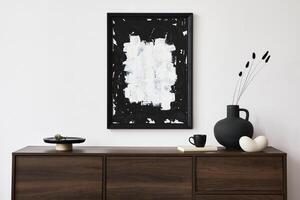 Minimalistic composition of creative living room interior with mock up poster frame and stylish small personal accessories on wooden commode. Template. Real photo. photo