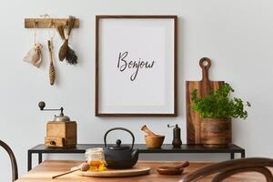 Creative dining room interior design with mock up poster frame, family dining table, black console and retro inspired personal accessories. Copy space. Autumn vibes. photo