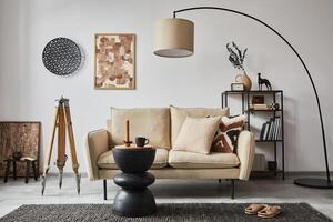 Creative composition of modern living room interior with mock up poster frame, beige sofa, side table and stylish small personal accessories on metal shelf. Copy space. Template. photo