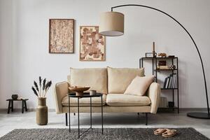 Creative composition of modern living room interior with mock up poster frames, beige sofa, side table and stylish small personal accessories on metal shelf. Copy space. Template. photo