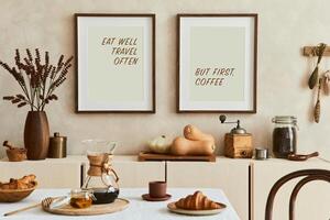 Creative and modern dining room interior design with poster frames, beige sideboard, family dining table and retro inspired personal accessories. Copy space. Template. Autumn vibes. photo