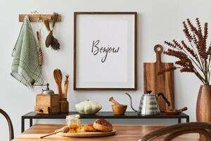 Creative dining room interior design with mock up poster frame, family dining table, black console and retro inspired personal accessories. Copy space. Template. Autumn vibes. photo