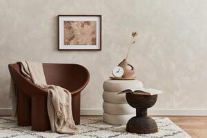 Minimalistic composition of elegnat living room with creative armchair, mock up poster frame, coffee table, pouf and stylish personal accessories. Copy space. Template. photo