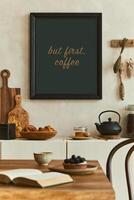 Elegant composition of stylish dining room intrerior with mock up poster frames, beige sideboard, dining table and personal accessories. Copy space Template Autumn vibes. photo