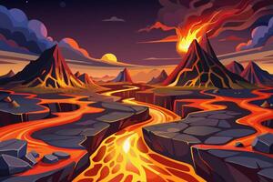 An illustration of a lava river flowing through a mountain vector
