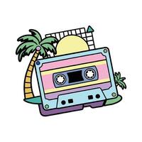A cassette player with palm trees and a beach vector