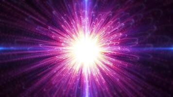 Abstract glowing sphere, energy ball shines brightly with rays of light, magic waves from particles and dots, abstract atomic science background video