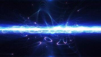 Abstract futuristic cyber world scene, sci-fi swirling particle wave mesh, technology glowing surface, neon night scene, digital science background 4K animation, virtual reality concept. video