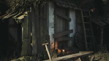 Rustic wooden shed with a lantern at night in a tranquil rural setting video