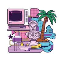 An illustration of a computer and a statue vector