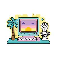 An illustration of a computer and a statue vector