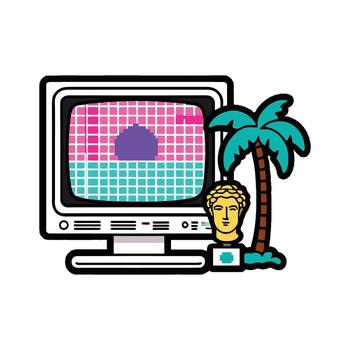 A cartoon computer with a palm tree and a statue vector