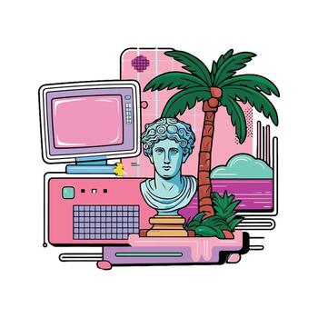 A computer with a statue and palm tree vector