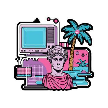 A cartoon image of a woman with a computer and palm trees vector