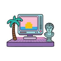 An illustration of a computer with a statue and a palm tree vector