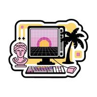 A sticker with a computer and a palm tree vector