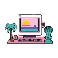A computer with a palm tree and a statue vector
