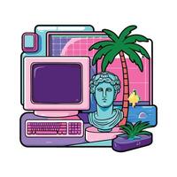 A computer with a statue of a man and palm tree vector