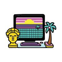 A computer with a palm tree and a beach in the background vector