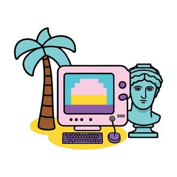 A computer with a statue of a woman and palm tree vector