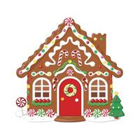 A gingerbread house with candy canes and a christmas tree vector