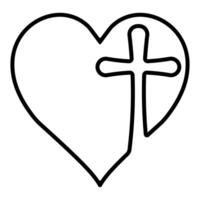 Black line drawing heart with cross inside, representing faith love vector